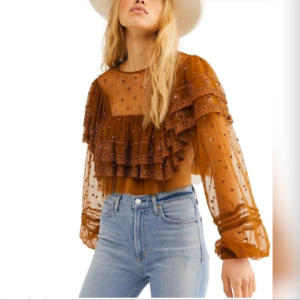 NWT Free People Disco Ball Embellished Mesh Ruffle Long Sleeve Top Bronze Small
